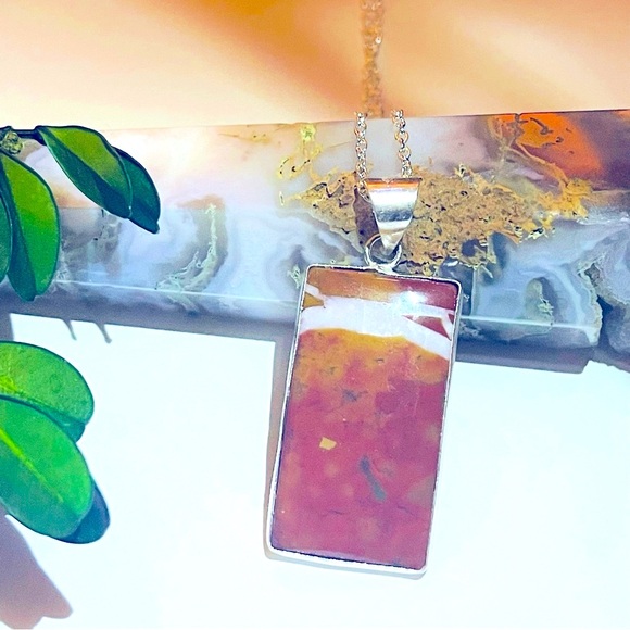 New Artisan Handmade Natural Mookaite 925 Sterling Silver Rectangular Necklace - Picture 3 of 16